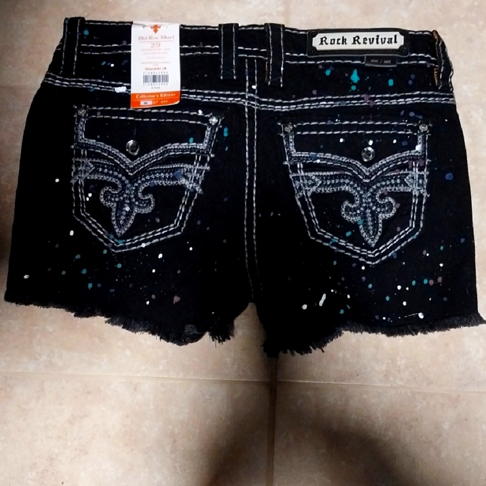 Rock Revival Black Jean Shorts Paint Splatter NWT